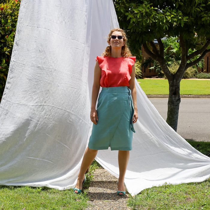 Astra Wrap Skirt in Sky Blue Linen