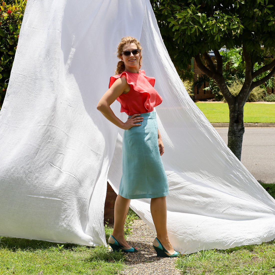 Astra Wrap Skirt in Sky Blue Linen