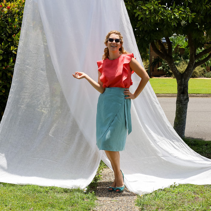 Astra Wrap Skirt in Sky Blue Linen