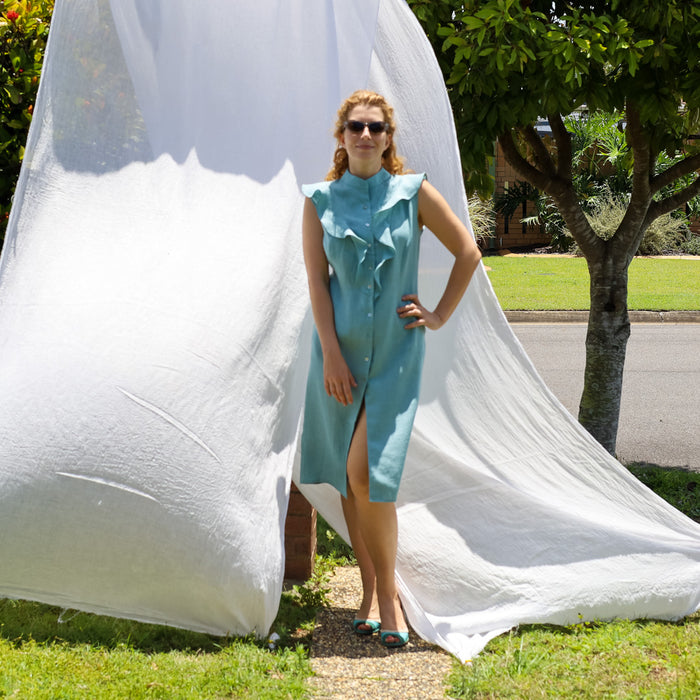 Frill Bellatrix Dress in Sky Blue  Linen