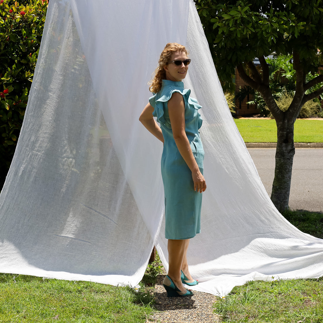 Frill Bellatrix Dress in Sky Blue  Linen