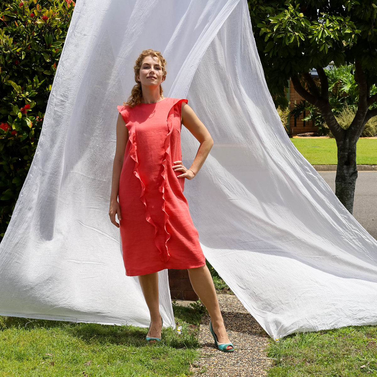 Frill Venus Dress in Coral Linen