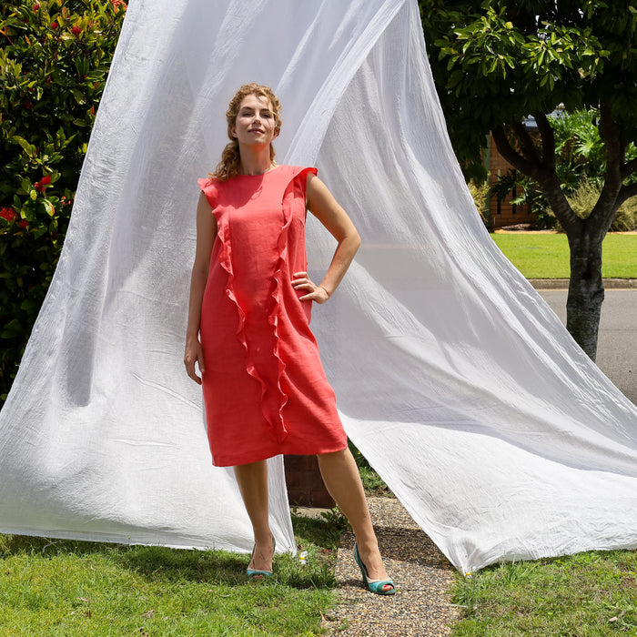 Frill Venus Dress in Coral Linen