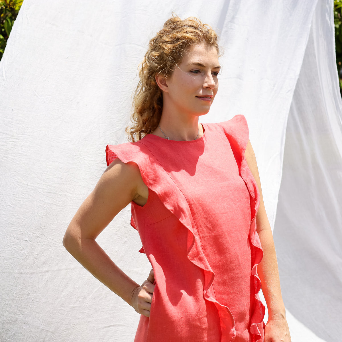 Frill Venus Dress in Coral Linen