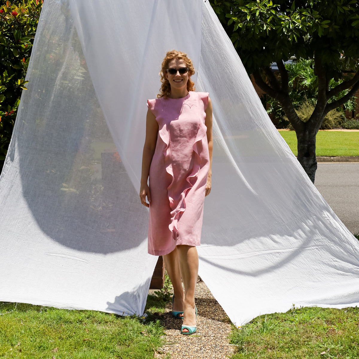 Frill Venus Dress in Blush Pink Linen