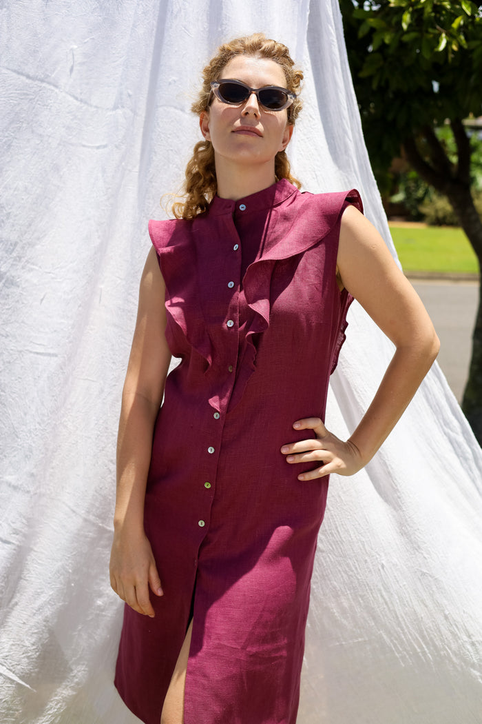 Frill Bellatrix Dress in Ripe Plum Linen