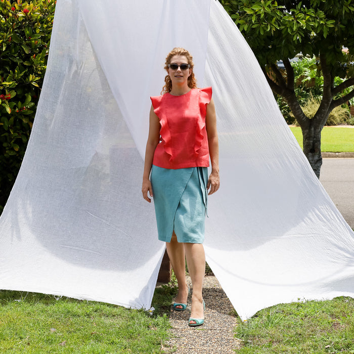 Frill Venus Top in Coral Linen