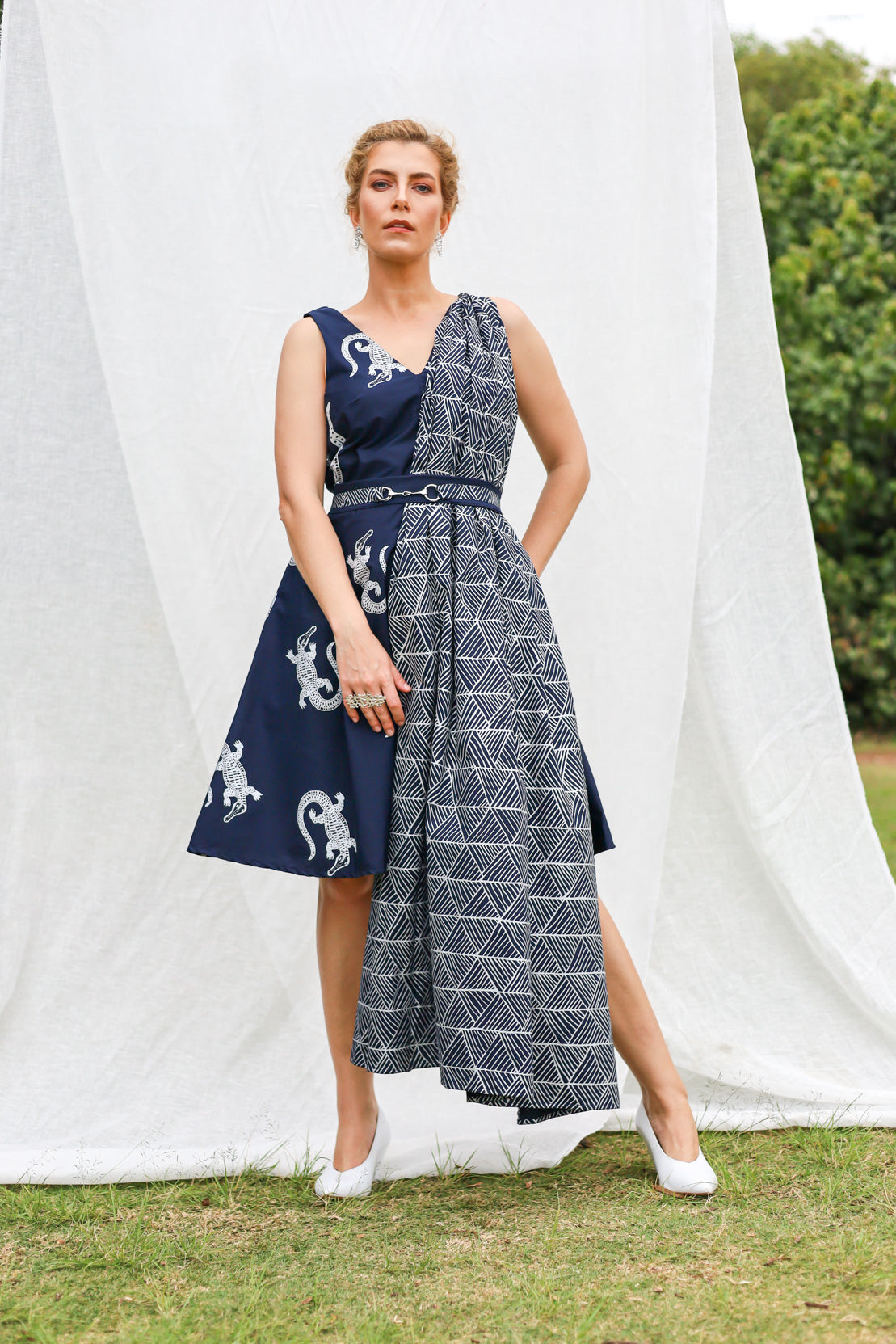 GLORY by Tiwi Design x Ossom Yirrikapayi (Crocodile) Pandanus Dress with Fold  in Lightweight Cotton