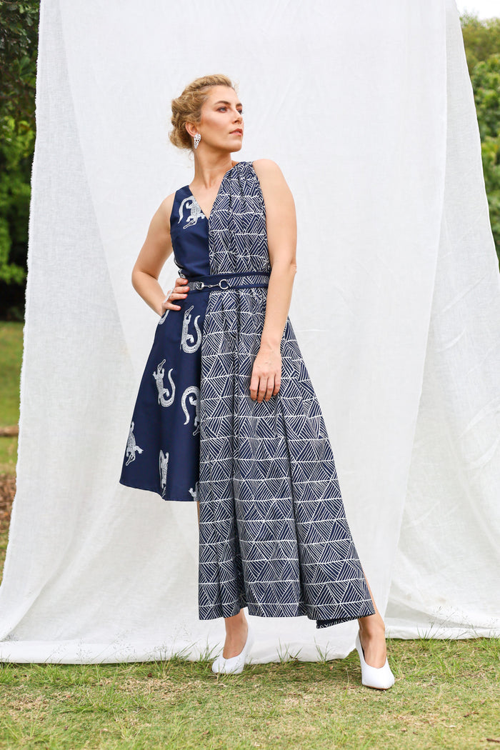 GLORY by Tiwi Design x Ossom Yirrikapayi (Crocodile) Pandanus Dress with Fold  in Lightweight Cotton