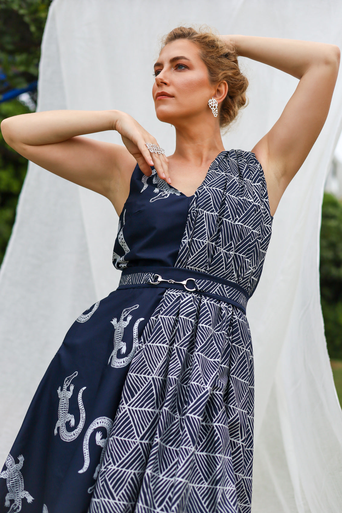 GLORY by Tiwi Design x Ossom Yirrikapayi (Crocodile) Pandanus Dress with Fold  in Lightweight Cotton
