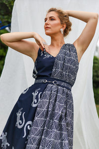 GLORY by Tiwi Design x Ossom Yirrikapayi (Crocodile) Pandanus Dress with Fold  in Lightweight Cotton