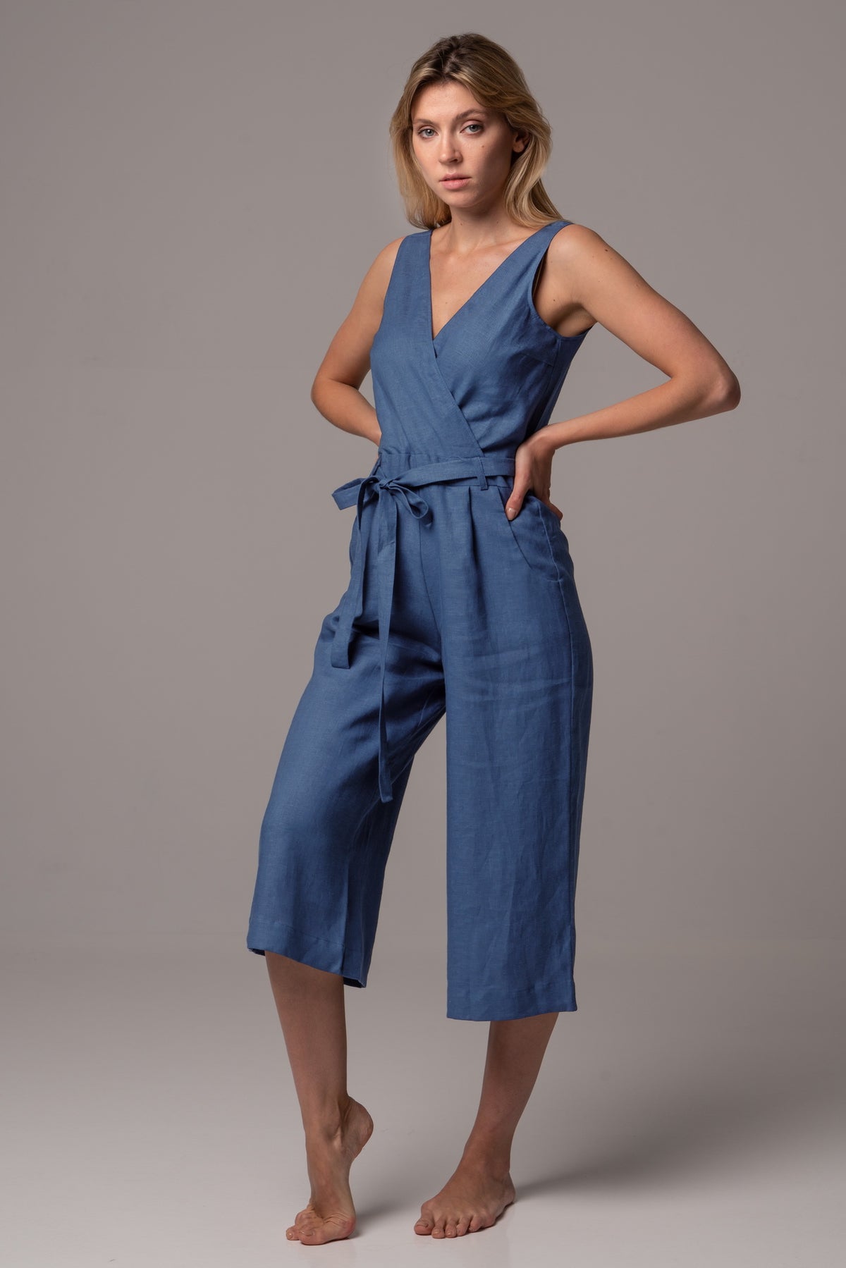 Endless Sea Wrap Front Jumpsuit with Culotte Leg in Premium European Linen
