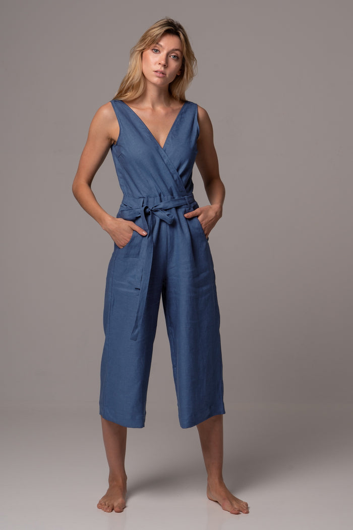 Endless Sea Wrap Front Jumpsuit with Culotte Leg in Premium European Linen