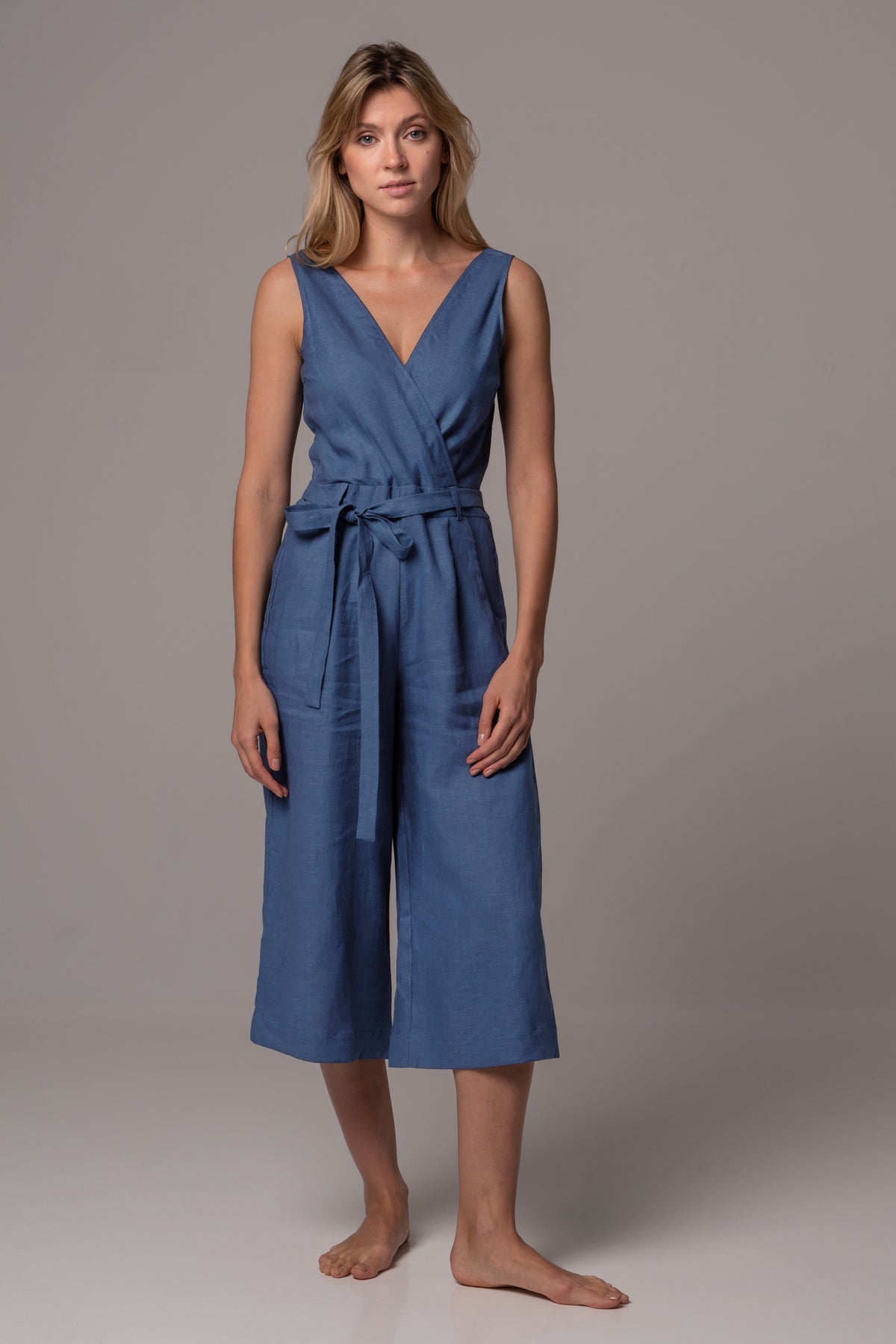 Endless Sea Wrap Front Jumpsuit with Culotte Leg in Premium European Linen