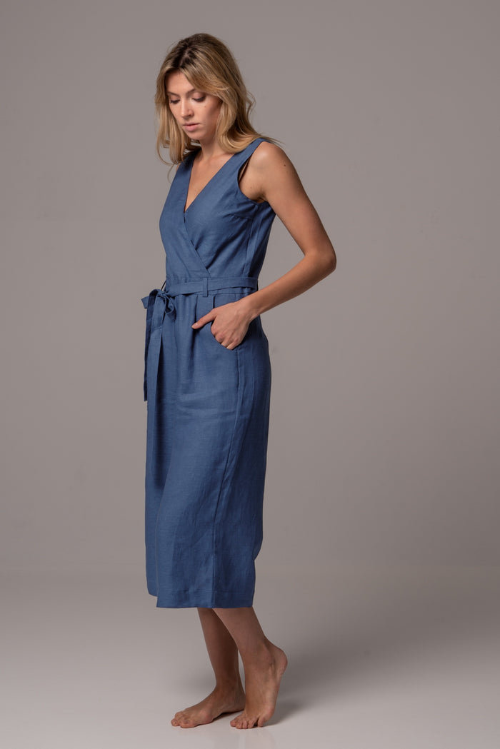 Endless Sea Wrap Front Jumpsuit with Culotte Leg in Premium European Linen