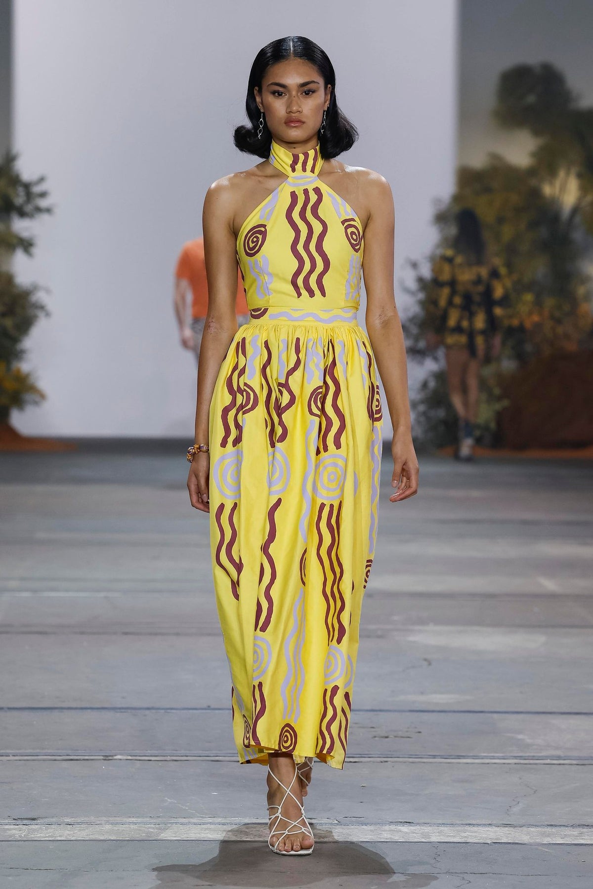 Lemon halter neck dress with a bubble skirt ‘Wirliyajarrayi Story' by Roseanna Larry OSSOM x Ikuntji Artists AAFW '23