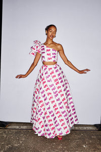 Princess set in Kungkayunti Women Dancing Fabric – Funkis Rhod and Lollipop on White by Lisa Multa OSSOM x Ikuntji Artists AAFW '23