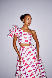 Princess set in Kungkayunti Women Dancing Fabric – Funkis Rhod and Lollipop on White by Lisa Multa OSSOM x Ikuntji Artists AAFW '23