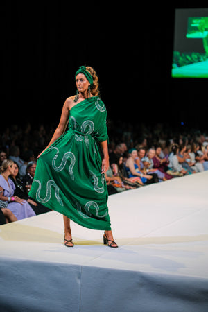FLOW! by Tiwi Design x Ossom  Ampitji Rainbow Serpent Off Shoulder Dress in Silk
