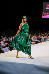 FLOW! by Tiwi Design x Ossom  Ampitji Rainbow Serpent Off Shoulder Dress in Silk