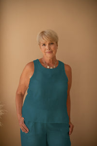 Sleeveless Top with Buttons in Ocean Blue Linen
