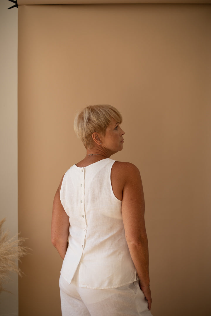Sleeveless Top with Buttons in White Linen