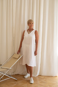 V-Neck Shift Dress With Side Buttons in White  Linen