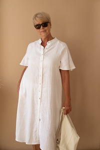 A-line Short Sleeve Shirt Dress in White Linen