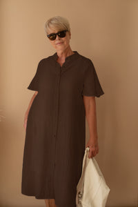 A-line Short Sleeve Shirt Dress in Chocolate Linen