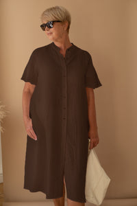A-line Short Sleeve Shirt Dress in Chocolate Linen