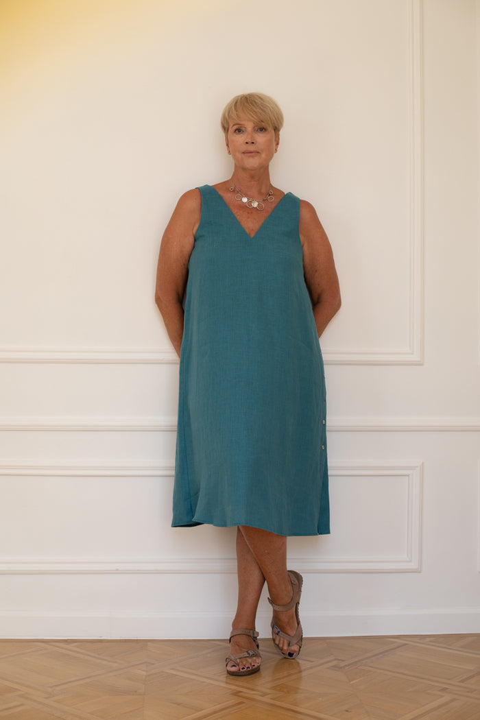 V-Neck Shift Dress With Side Buttons in Ocean Blue  Linen