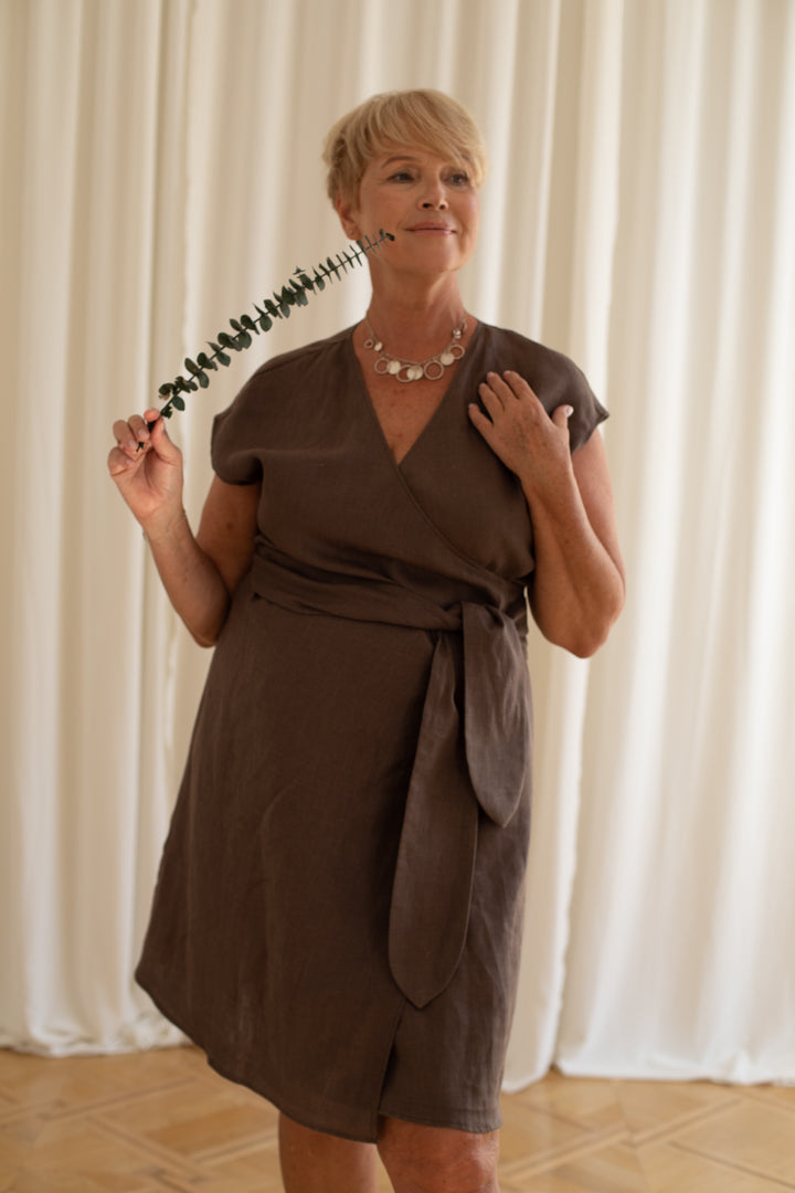Classic Wrap Dress With Wide Belt in Chocolate Linen