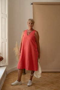 V-Neck Shift Dress With Side Buttons in Corral Linen