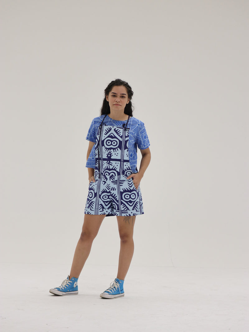 Tiwi Design x Ossom "Owl"  Short Jumpsuit  in Handprinted Cotton Drill