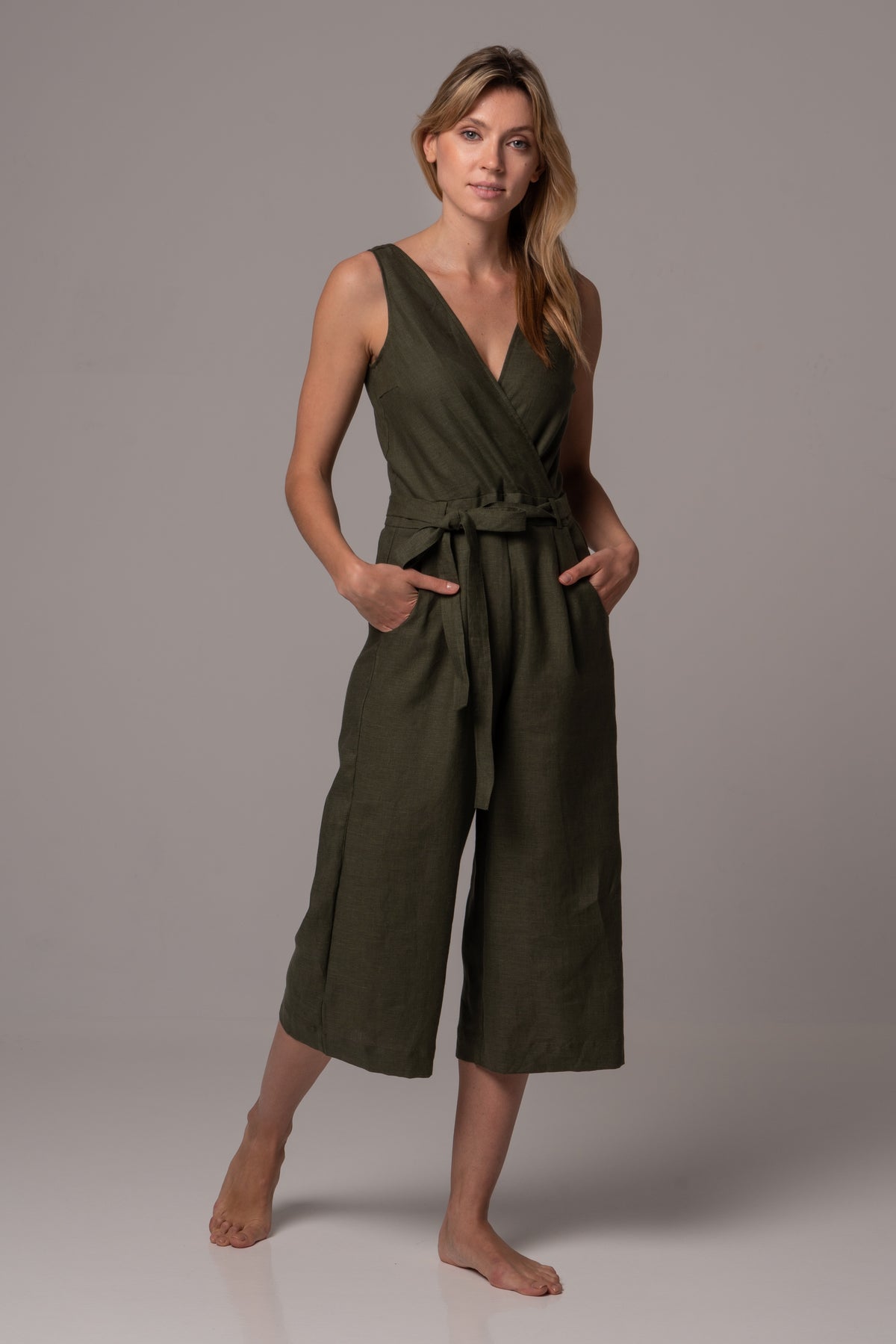 Ripe Olive Wrap Front Jumpsuit with Culotte Leg in Premium European Linen