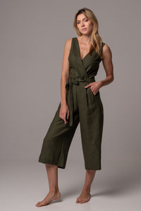 Ripe Olive Wrap Front Jumpsuit with Culotte Leg in Premium European Linen