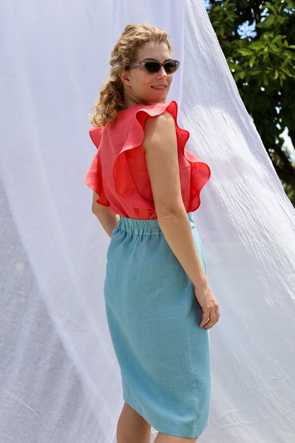 Astra Wrap Skirt in Sky Blue Linen