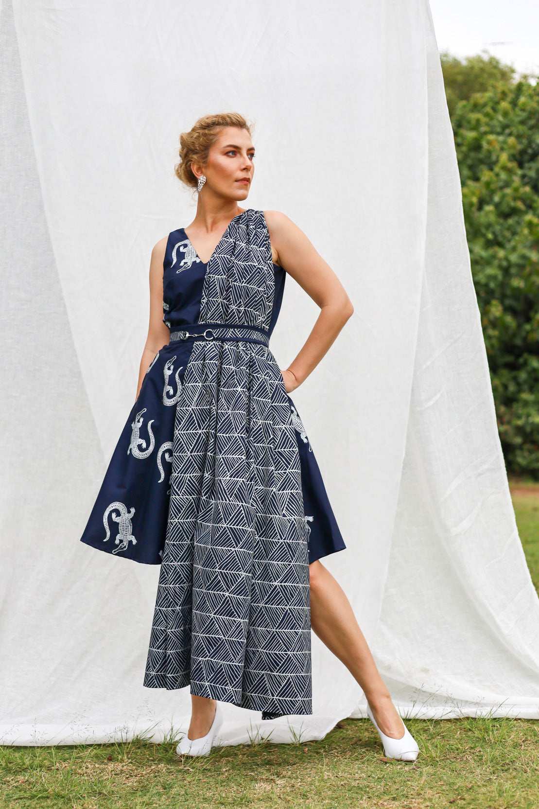 GLORY by Tiwi Design x Ossom Yirrikapayi (Crocodile) Pandanus Dress with Fold  in Lightweight Cotton