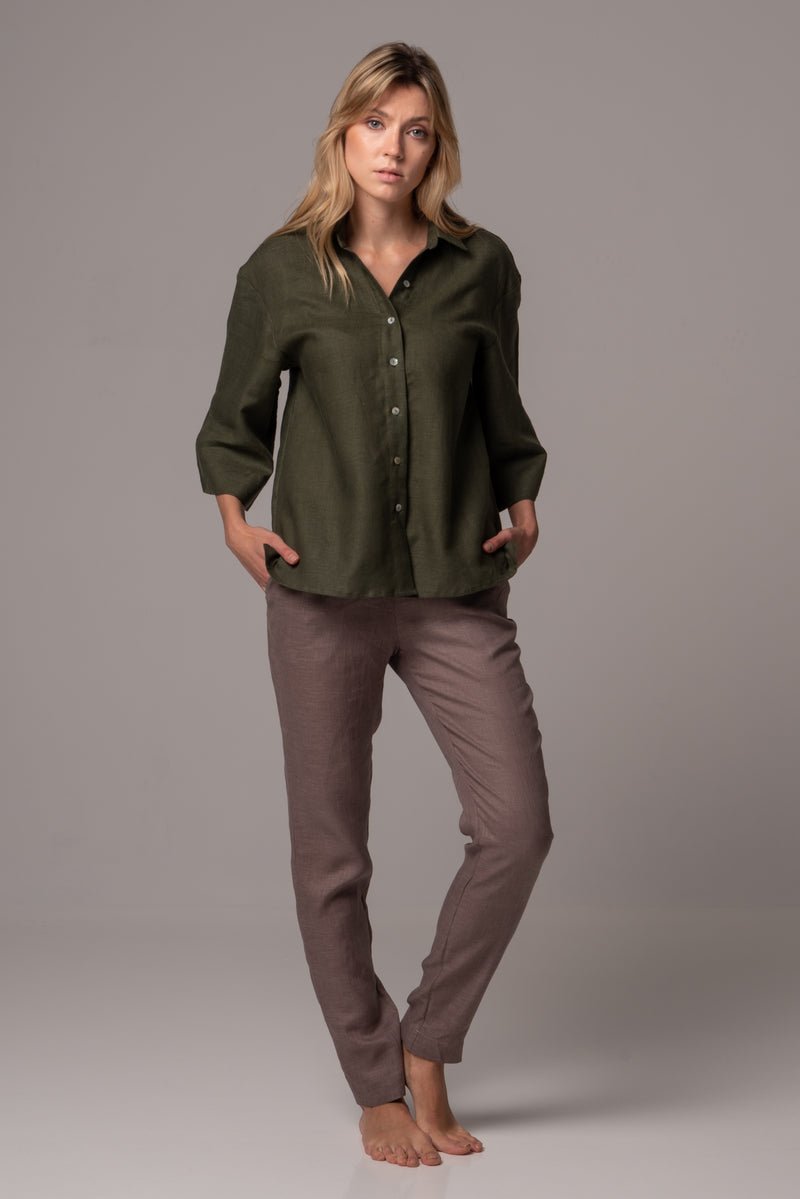 Ripe Olive Wide Sleeve Shirt in Premium European Linen